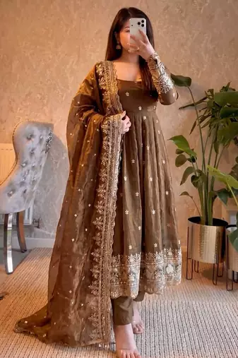 Brown fendy silk embroidered sequince work anarkali kurta set
