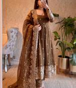 Brown fendy silk embroidered sequince work anarkali kurta set