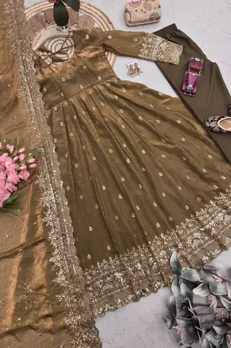 Brown fendy silk embroidered sequince work anarkali kurta set