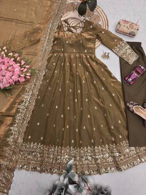 Brown fendy silk embroidered sequince work anarkali kurta set 3