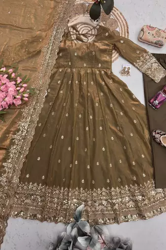 Brown fendy silk embroidered sequince work anarkali kurta set