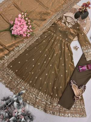 Brown fendy silk embroidered sequince work anarkali kurta set 4