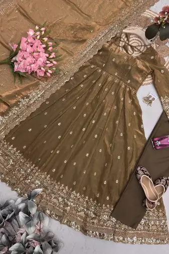 Brown fendy silk embroidered sequince work anarkali kurta set