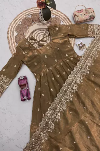 Brown fendy silk embroidered sequince work anarkali kurta set