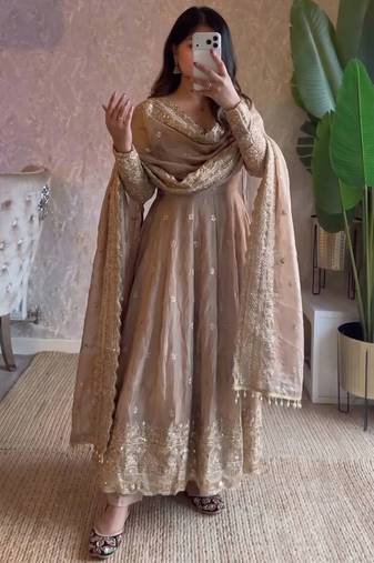 Cream fendy silk embroidered sequince work anarkali kurta set