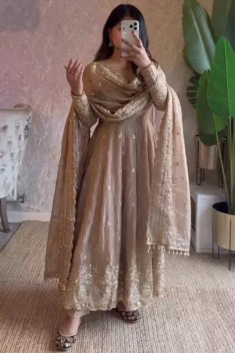 Cream fendy silk embroidered sequince work anarkali kurta set