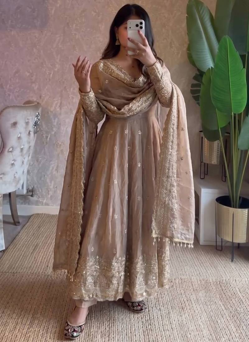 Cream fendy silk embroidered sequince work anarkali kurta set