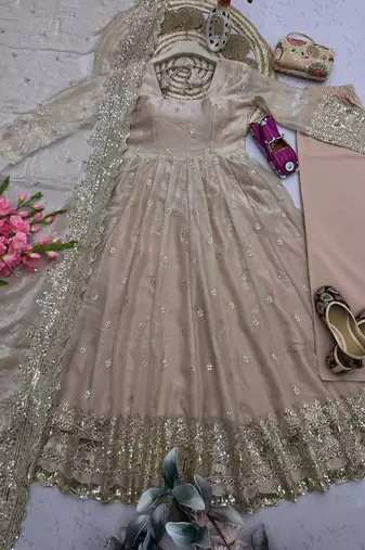Cream fendy silk embroidered sequince work anarkali kurta set