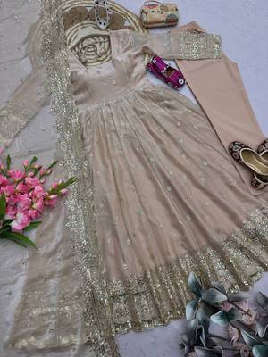 Cream fendy silk embroidered sequince work anarkali kurta set 3