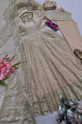 Cream fendy silk embroidered sequince work anarkali kurta set