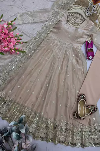 Cream fendy silk embroidered sequince work anarkali kurta set