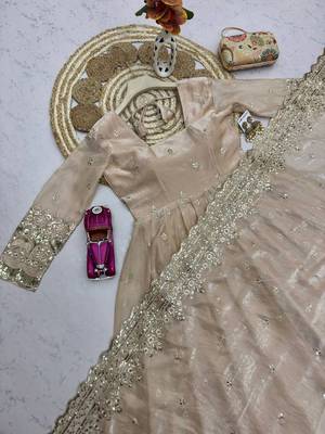 Cream fendy silk embroidered sequince work anarkali kurta set 5