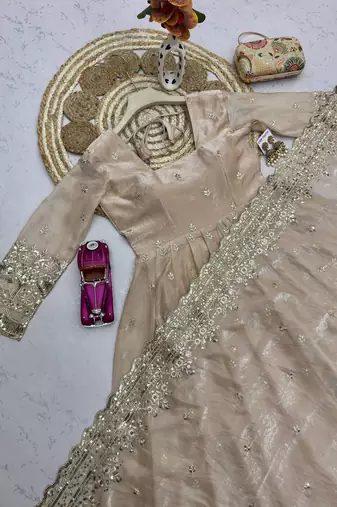 Cream fendy silk embroidered sequince work anarkali kurta set