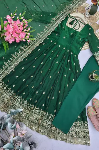 Green fendy silk embroidered sequince work anarkali kurta set