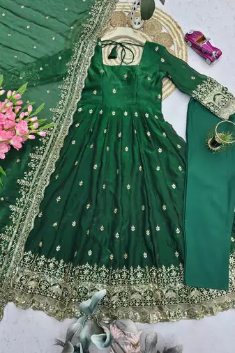 Green fendy silk embroidered sequince work anarkali kurta set