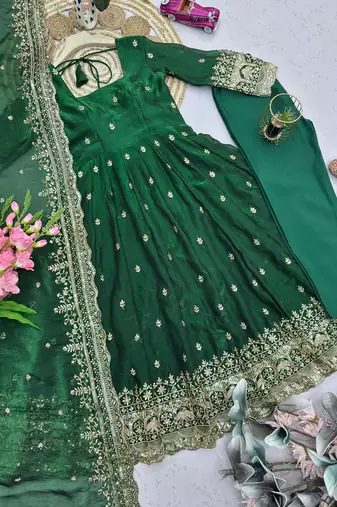 Green fendy silk embroidered sequince work anarkali kurta set