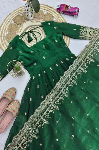 Green fendy silk embroidered sequince work anarkali kurta set
