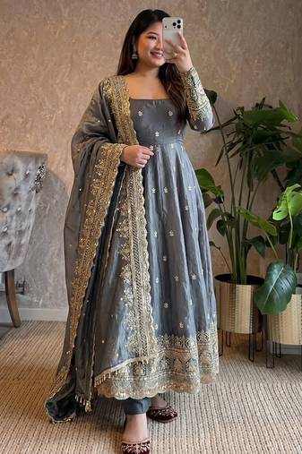 Grey fendy silk embroidered sequince work anarkali kurta set