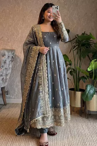 Grey fendy silk embroidered sequince work anarkali kurta set