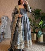 Grey fendy silk embroidered sequince work anarkali kurta set