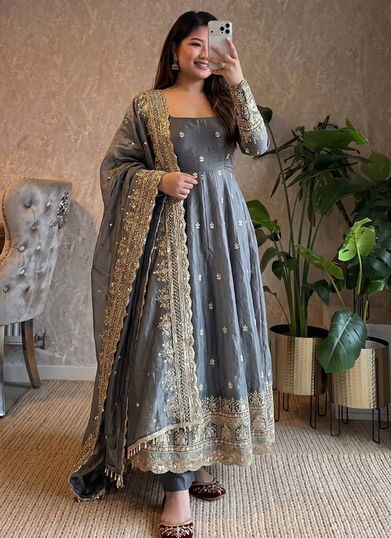 Grey fendy silk embroidered sequince work anarkali kurta set