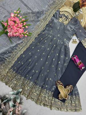 Grey fendy silk embroidered sequince work anarkali kurta set 2