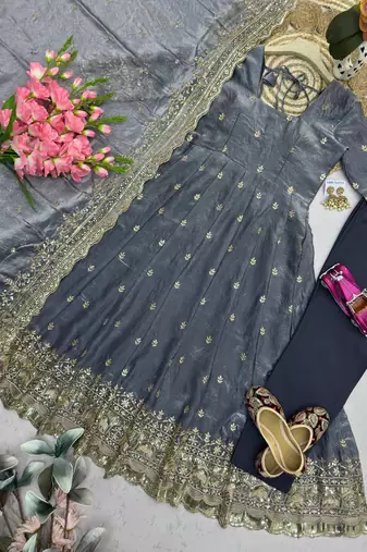 Grey fendy silk embroidered sequince work anarkali kurta set