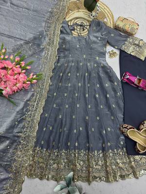Grey fendy silk embroidered sequince work anarkali kurta set 3