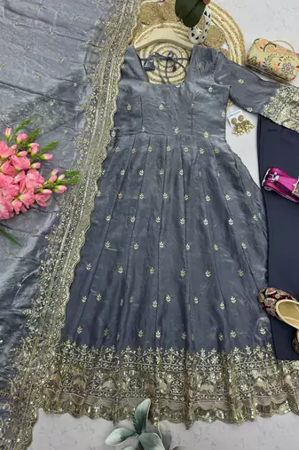 Grey fendy silk embroidered sequince work anarkali kurta set