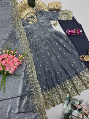 Grey fendy silk embroidered sequince work anarkali kurta set 4