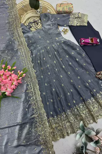 Grey fendy silk embroidered sequince work anarkali kurta set