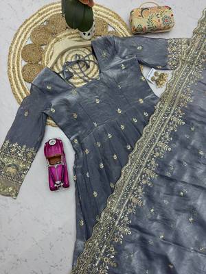 Grey fendy silk embroidered sequince work anarkali kurta set 5