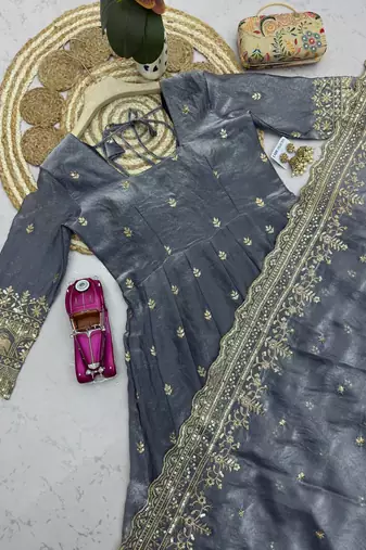 Grey fendy silk embroidered sequince work anarkali kurta set
