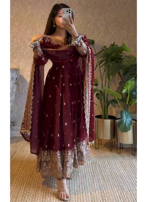 Maroon fendy silk embroidered sequince work anarkali kurta set 1