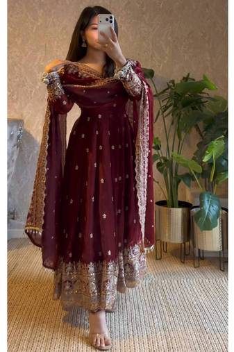 Maroon fendy silk embroidered sequince work anarkali kurta set
