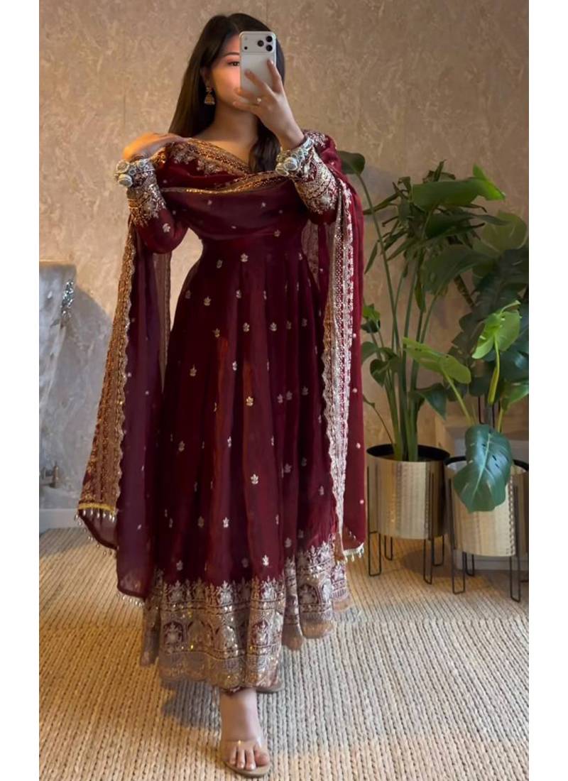 Maroon fendy silk embroidered sequince work anarkali kurta set