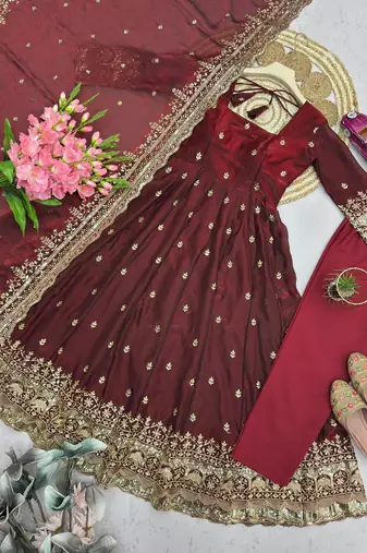 Maroon fendy silk embroidered sequince work anarkali kurta set