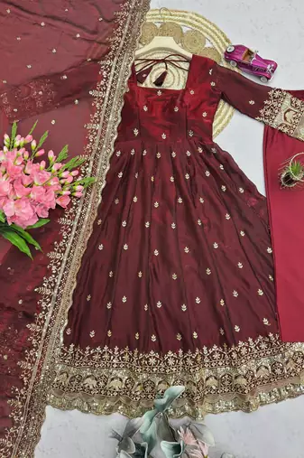 Maroon fendy silk embroidered sequince work anarkali kurta set