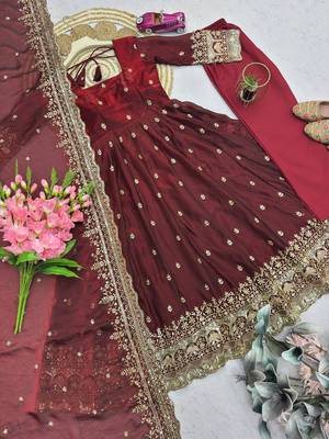 Maroon fendy silk embroidered sequince work anarkali kurta set 4