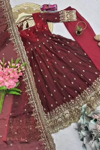 Maroon fendy silk embroidered sequince work anarkali kurta set