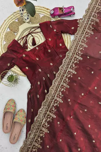 Maroon fendy silk embroidered sequince work anarkali kurta set