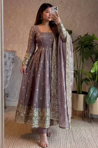 Mauve fendy silk embroidered sequince work anarkali kurta set