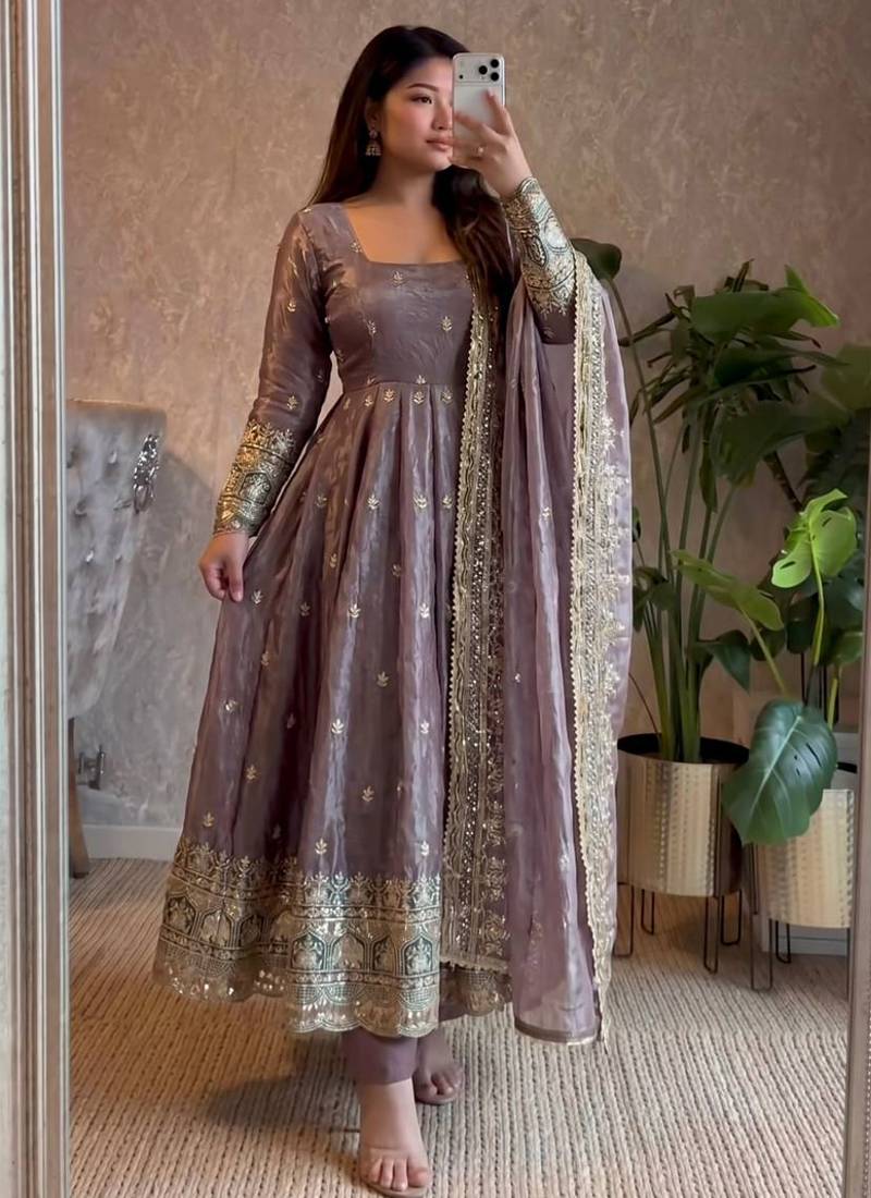 Mauve fendy silk embroidered sequince work anarkali kurta set