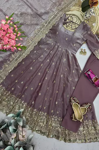 Mauve fendy silk embroidered sequince work anarkali kurta set