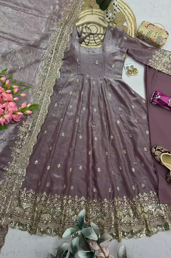 Mauve fendy silk embroidered sequince work anarkali kurta set