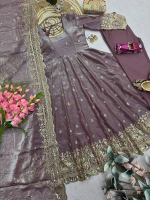Mauve fendy silk embroidered sequince work anarkali kurta set 4