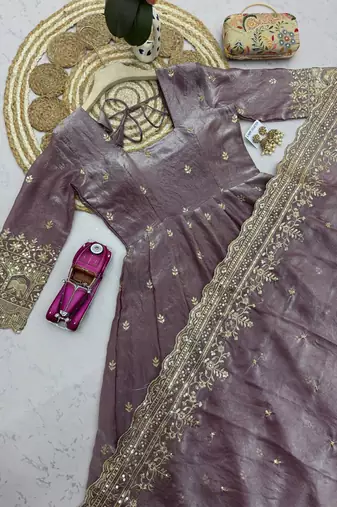 Mauve fendy silk embroidered sequince work anarkali kurta set