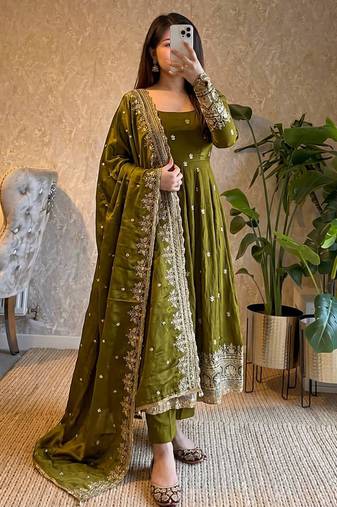 Mehendi fendy silk embroidered sequince work anarkali kurta set