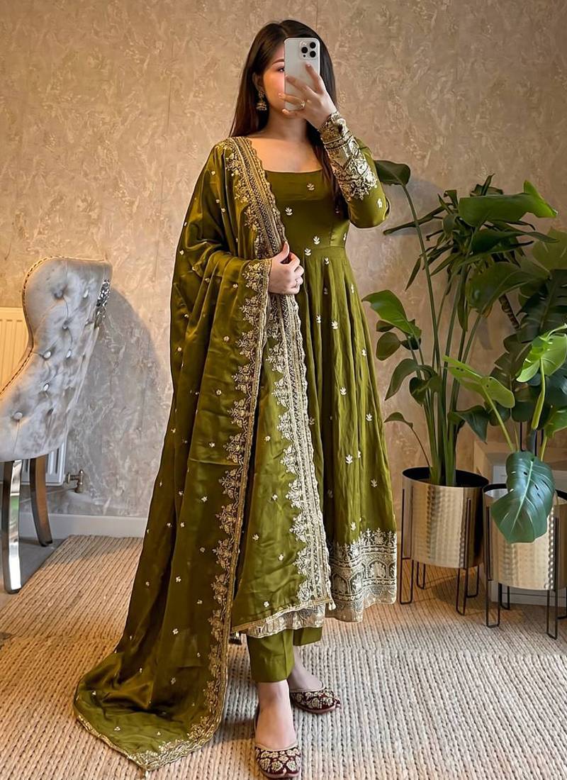 Mehendi fendy silk embroidered sequince work anarkali kurta set