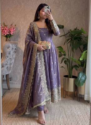 Lavender fendy silk embroidered sequince work anarkali kurta set 1